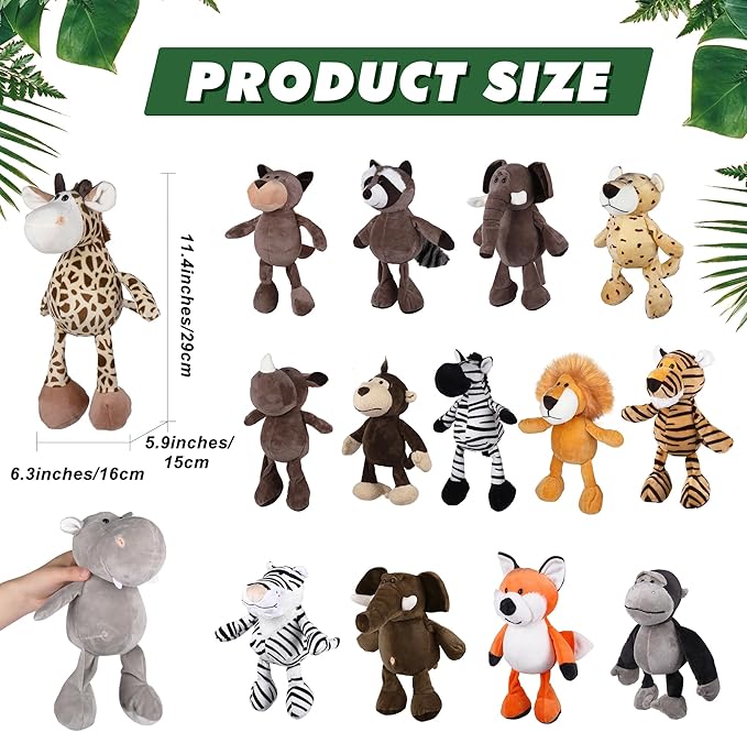 Elcoho 15 Pieces Safari Stuffed Animals Plush Toy 9.8 Inch Jungle Animals Stuffed Toys Cute Zoo Stuffed Animal Plushies Toys for Birthday Party Supplies Gifts Class Award