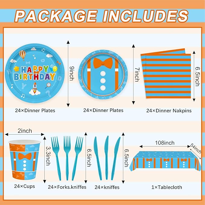 145PCS Cartoon Teacher Party Supplies English Teacher Themed Happy Birthday Party Decorations for Kids Chlid Includ Orange Blue Paper Plates Napkins Cups Tableware Set with Tablecloth Serve 24 Guests