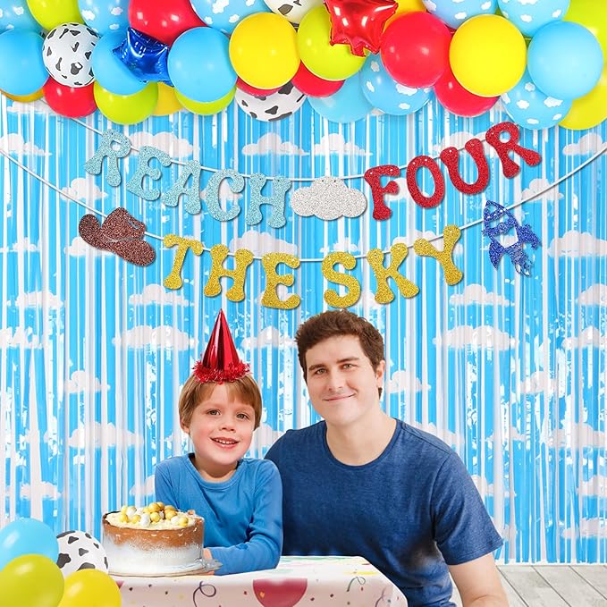 Glitter Reach Four The Sky Banner Cartoon Story 4th Birthday Party Decorations Toy Inspired Game Kids 4th Birthday Banner Party Supplies for Boy