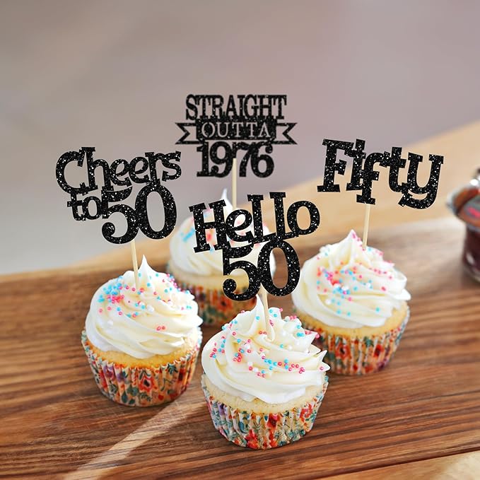 Ephlyn 24Pcs Happy 50th Birthday Cupcake Toppers Glitter Straight Outta 1976 Cupcake Picks Hello 50 Cheers to 50 Years Birthday Cake Decorations for 50th Birthday Anniversary Party Supplies Black