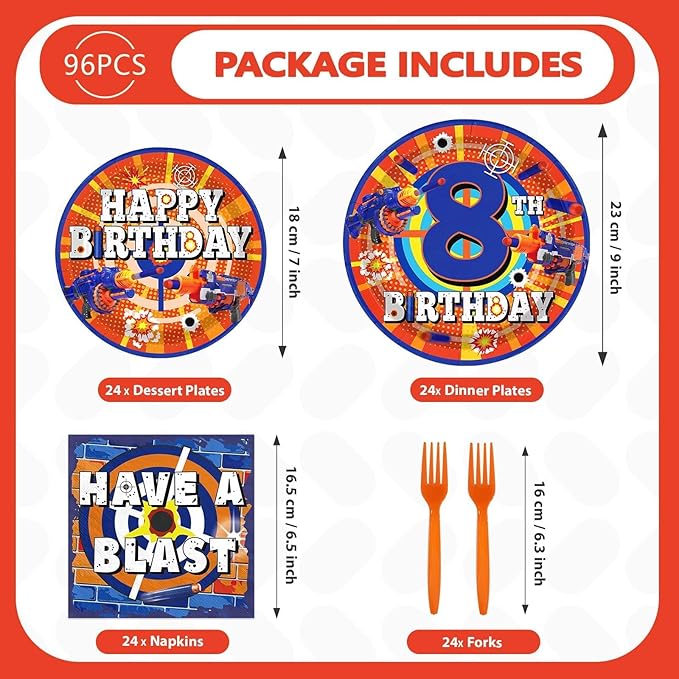 96Pcs Dart War 8th Birthday Party Supplies Dart War 8th Birthday Theme Plates and Napkins Blue and Orange Tableware Set for Boys' 8 Years Old Birthday Party Decoration Serves 24