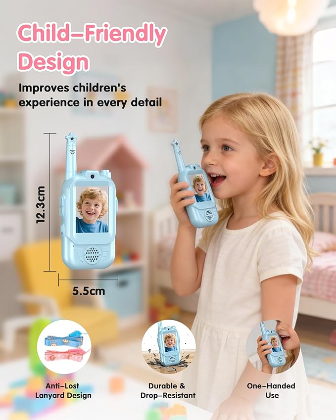 Video Walkie Talkies for Kids, 2 Pack Rechargeable Long Range Video Intercom Kids Walkies Talkies with Camera, Indoor Outdoor Toys for Family Games, Outside, Camping, Hiking for Boys Girls Ages 3-12