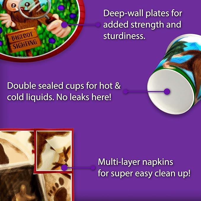 Birthday Galore Bigfoot Themed Party Supplies for Kids and Adults - Fun Celebration Set with Plates, Napkins, Cups, Tableware, Quick Setup, Colorful Decorations for Every Birthday Events - Kit for 16