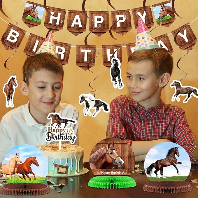 Tinlade 29 Pieces Horse Party Decorations Horse Birthday Banners Cowboy Hanging Swirls Hanging Cards Cupcake Toppers Honeycomb Centerpiece for Birthday Party Supplies(Classic)