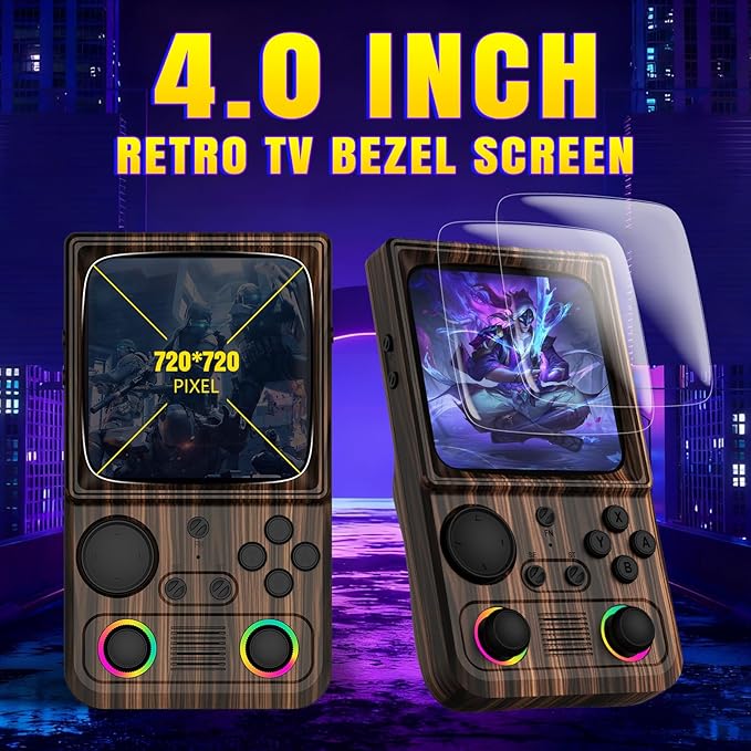 R36T MAX Upgraded Retro Handheld Game Console with 4000mAh Battery, 4.0'' IPS Screen, Retro Gaming Console with Portable Case, Supports WiFi Networked Fighting and OTG(Wood Grain Coffee Brown)