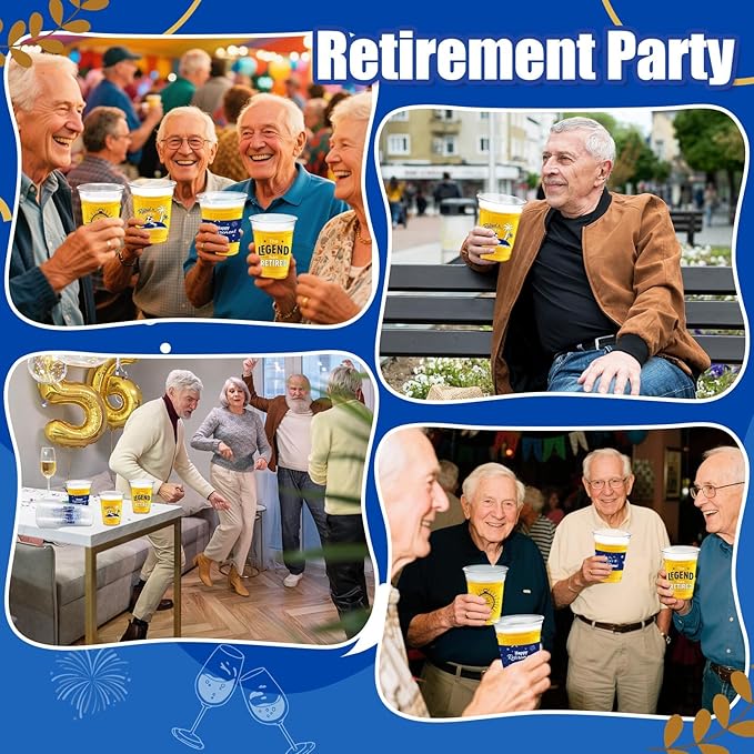 Retirement Party Decoration Cups, 50pcs 16 Oz Plastic Drinking Cups for Retirement Christmas Party Supplies Favors Women Men Snack Cup Bulk (Blue and Silver)