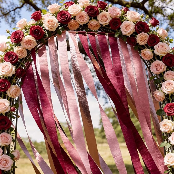 NICROLANDEE 8 Rolls Burgundy Rose Gold Crepe Paper Streamer Rolls for Birthday Wedding Engagement Bridal Shower Bachelorette Anniversary Valentine's Day Decorations