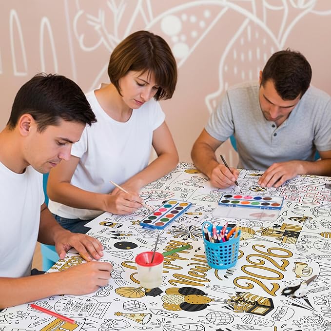 Happy New Year 2026 Coloring Tablecloth, Giant 30x72 Inches Activity Tablecloth with Fireworks and Countdown Designs, Perfect for New Year Party Activities, Party Decoration