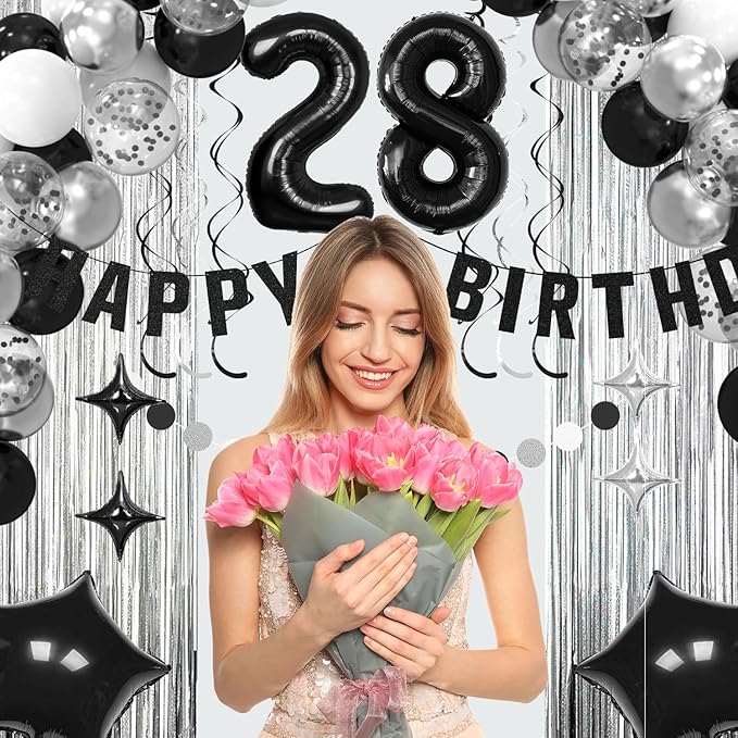 28th Birthday Decorations for Men Women- Black Silver Happy 28th Birthday Party Decor With Banner Backdrop,Number 28 Foil Balloon -Black White Balloons Garland Arch Kit for 28 Years Old