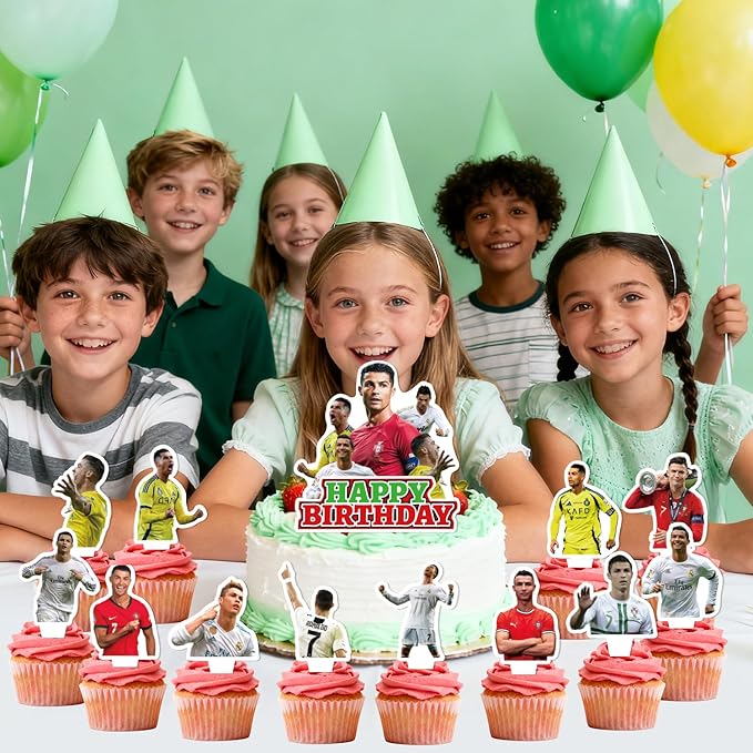 25Pcs Soccer Ronaldo Birthday Party Supplies Pack Includes 1 Cake Topper 24 Cupcake Toppers for Soccer Ronaldo Party Supplies