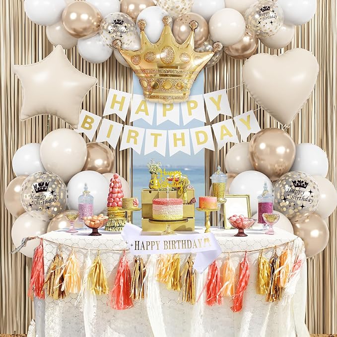 White & Gold Birthday Decor - Cream Champagne Gold Balloons, Banner, Foil Balloons, Fringe Curtain for Boho Party Supplies