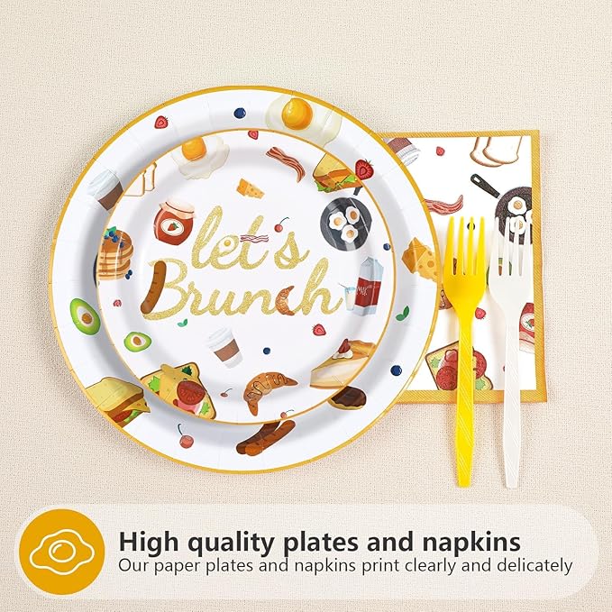 96Pcs Let's Brunch Party Supplies Breakfast Food Theme Plates and Napkins Brunch Tableware Set for Birthday Baby Shower Bachelorette Bridal Shower Party Supplies，Serves 24