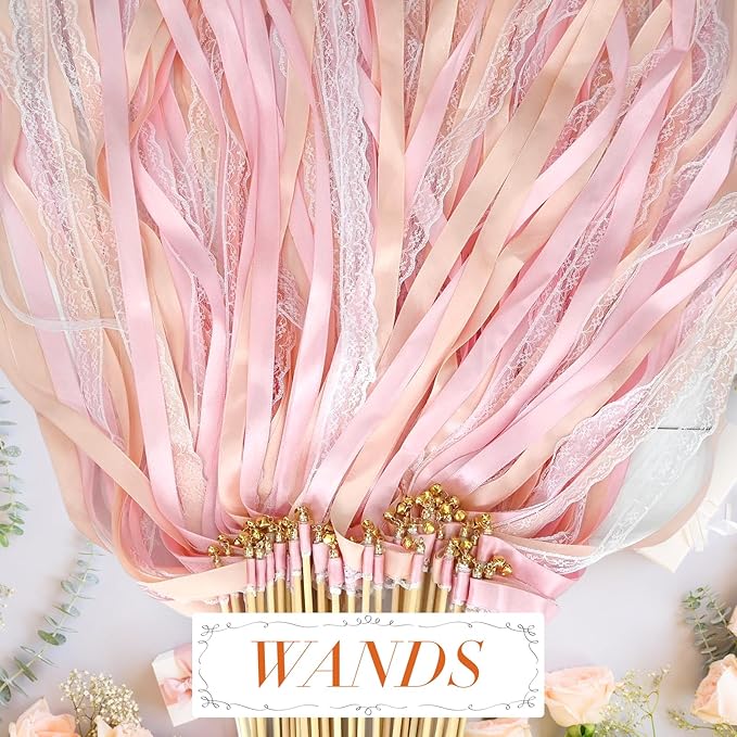 50Pcs Ribbon Sticks Wands Streamers with Bells Silk Fairy Lace Stick Party Ribbon Streamers for Wedding Party, Birthday and Holiday Activities-Pink