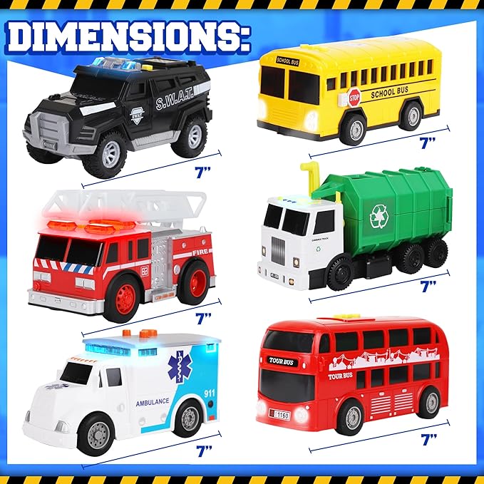 Toy Cars for Toddlers - 6Pcs Pull Back Cars Toys with Light and Sounds, City and emergency vehicles set, Including Police Car, Fire Truck, Ambulance, School bus, Tour Bus, Garbage Truck