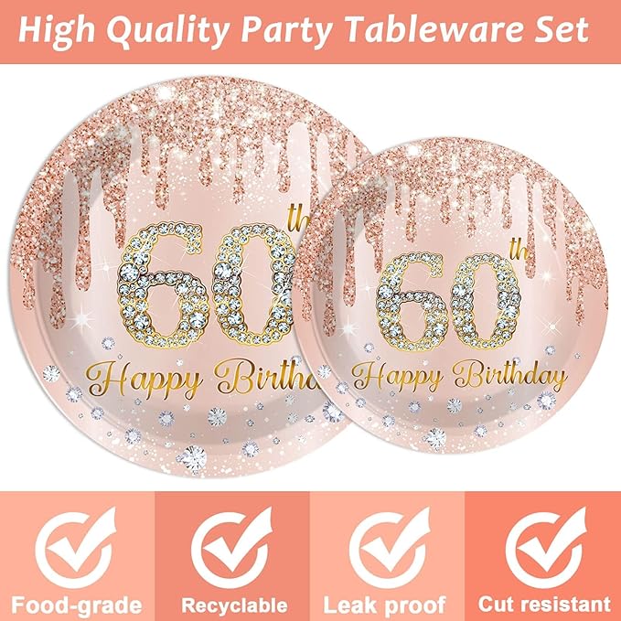 ZOIIWA 96 Pieces 60th Birthday Party Tableware Set for Pink Rose Gold 60th Paper Table Decorations Supplies Pink Rose Gold Happy 60 Birthday Dessert Plates Napkins Forks for 24 Guests Women Supplies