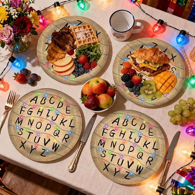 50Pcs Spooky Rustic Alphabet Paper Plates 9 Inch Disposable Retro Colorful Light Bulbs Party Decorations Retro Scary House Run Themed Plates for Boys Girls Holiday Stranger Birthday Party Supplies