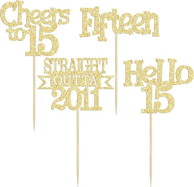 Ephlyn 24Pcs 15th Birthday Cupcake Toppers Glitter Straight Outta 2011 Cupcake Picks Hello 15 Cheers to 15 Years Cake Decorations for 15th Birthday Anniversary Party Decorations Supplies Gold
