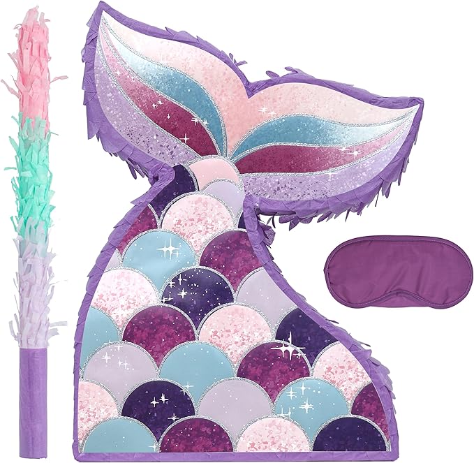 Mermaid Tail Pinatas Bundle with a Blindfold and a Bat (16.5 x 12 x 4 Inches), Perfect for kid's Birthday Parties, Mermaid Theme Parties for Girls, Decorations