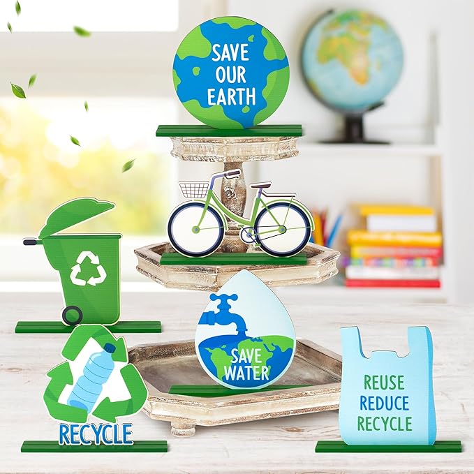 6Pcs Earth Day Cute Tiered Tray Decoration Centerpieces, Environmental Protection Wood Sign Recycle Save Water Table Topper Decor Happy Earth Day Supplies for School Home Office Desk Shelf