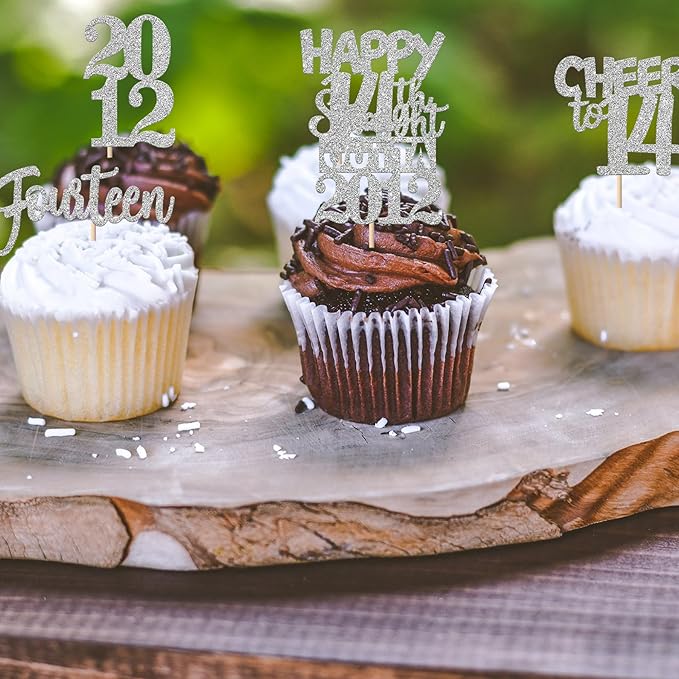 30PCS 14th Birthday Cupcake Toppers Glitter Fourteen Happy 14th Straight Outta 2012 Cupcake Picks for Cheers to 14 Years 14th Birthday Wedding Anniversary Party Decoration Supplies Silver