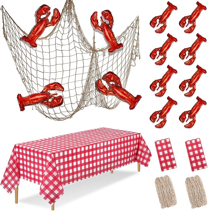 12 Pcs Crawfish Boil Party Supplies Includes Lobster Balloons Crawfish Tablecloth Fish Net Decorative Aluminum Foil Balloons for Nautical Themed Birthday Party Decoration