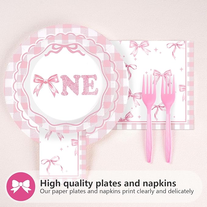 96Pcs Pink Bow 1st Birthday Party Decorations Cute Coquette Birthday Plates and Napkins Pink and White Gingham Plaid Tableware Sets for Girls Baby Shower Picnic BBQ 1st Birthday Party Supplies Serve24
