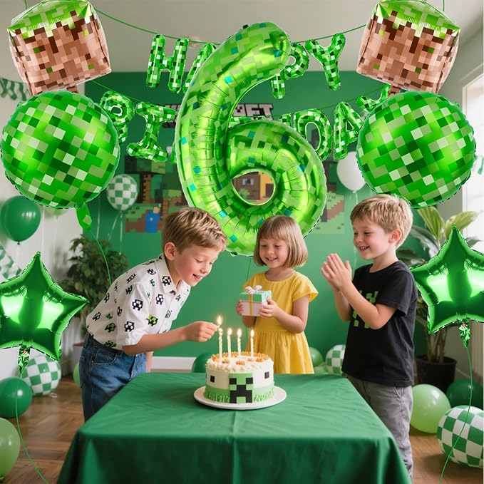 Green Pixel Themed Happy Birthday Banner Party Decorations Set Including 40 Inch Number 6 Foil Balloons, Themed Party Essentials, TNT Pixel Backdrop Supplies for Boys Indoor Outdoor Celebration