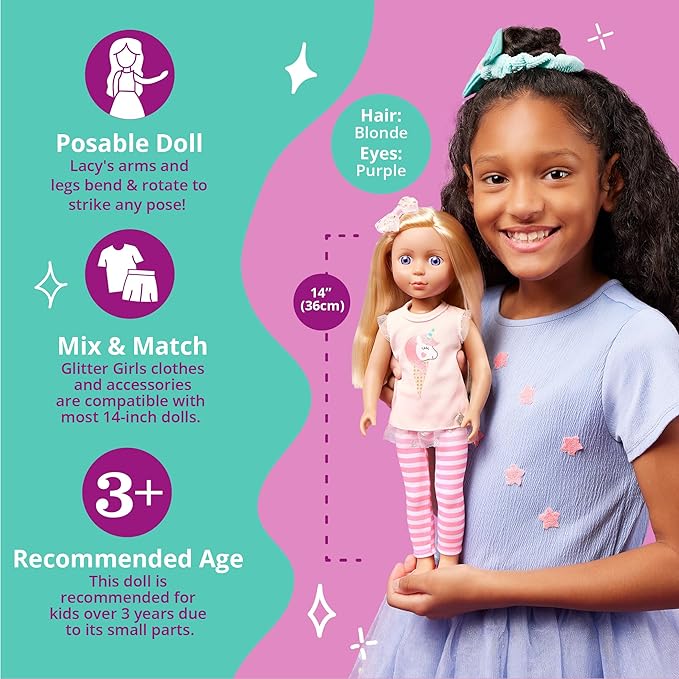 Glitter Girls – 14-Inch Fashion Doll - Blonde Hair & Blue Eyes - Pink Tunic, Striped Leggings, Hair Bow & Ballet Shoes – Dolls for 3+ Years Year Old Girls – Lacy