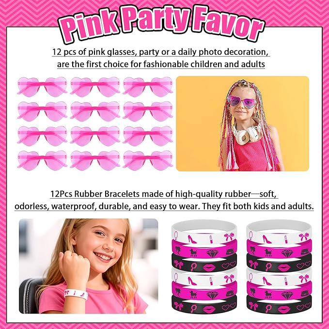 132Pcs Pink Girls Party Favors Pack - For 12Guests, Includ Goodie Box Heart Glasses Straws Bubble Wands Tattoo Sticker Bracelet Keychain, for Kids Girls Birthday Party Decoration Supplies