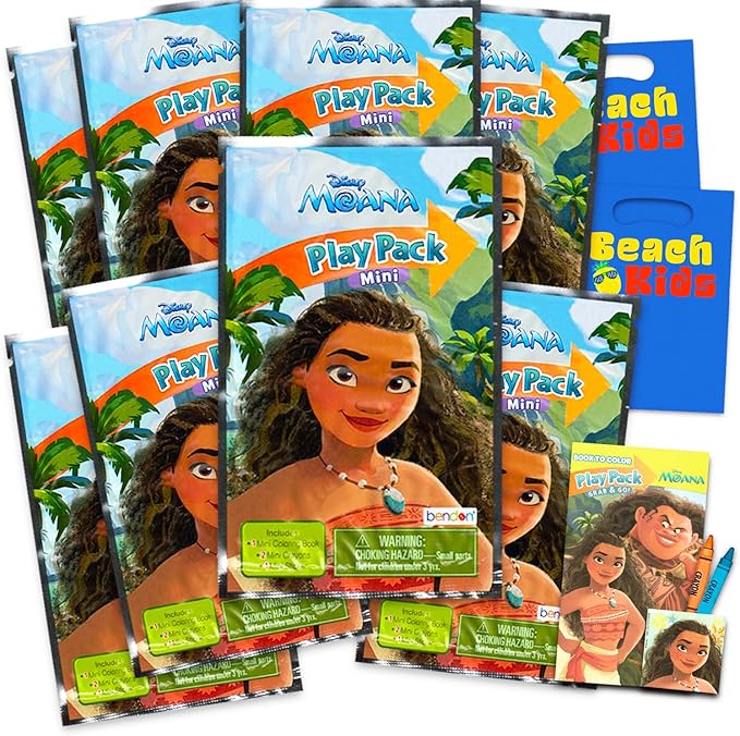 Disney 8 Pc Moana Mini Party Favors Set - Bundle 8 Play Packs with Mini Coloring Books, Stickers, and Goodie Bags | Moana Birthday Party Supplies Decorations