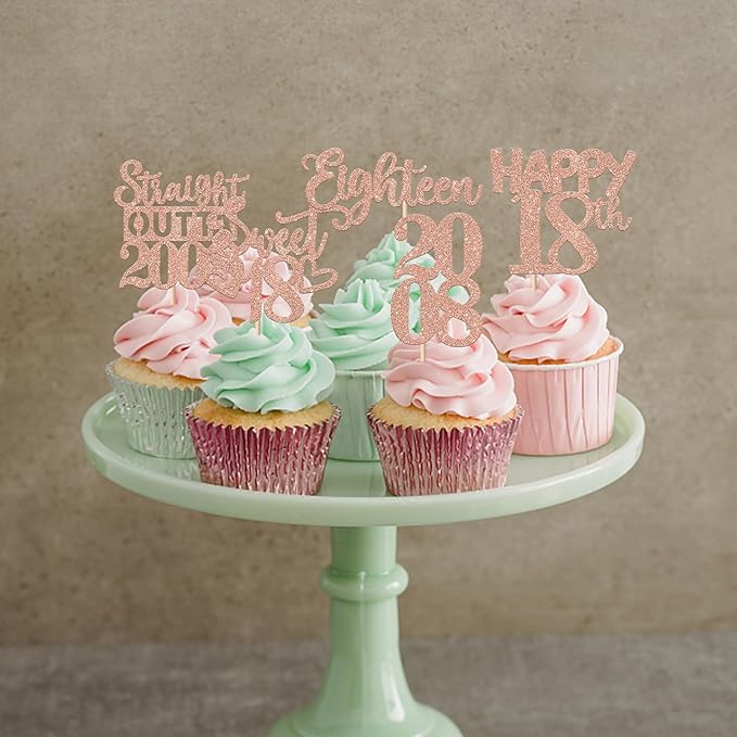 30PCS 18th Birthday Cupcake Toppers Glitter Eighteen Happy 18th Straight Outta 2008 Cupcake Picks for Cheers to 18 Years Birthday Wedding Anniversary Party Decoration Supplies Rose Gold
