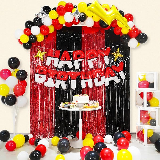 YIIHMEI Cartoon Monster Red Black Yellow White Birthday Party Decorations, Balloons Garland Arch Kit Supplies, Curtains Backdrop with Anime Theme Style Banner Letters Signs for Boy's