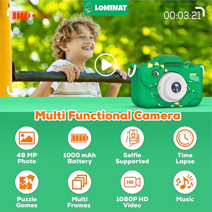 Kids Camera for 3, 4, 5, 6, 7, 8, 9 Year Old Boys Girls – 1080P HD Kids Video Camera, Dinosaur Christmas Birthday Gifts, Toddler Dual Lens Digital Camera with Games, Toys for Toddlers - 32GB SD Card
