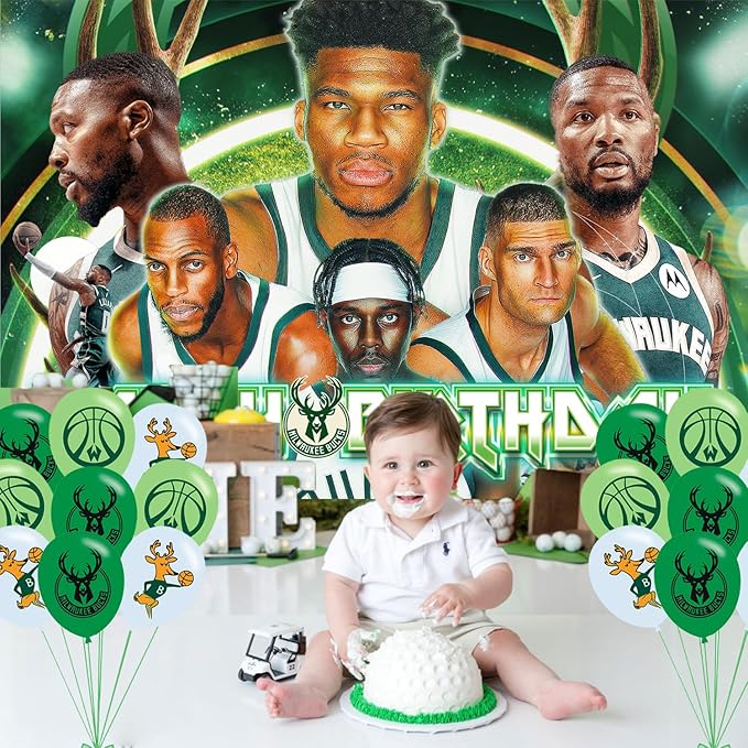 Milwaukee Basketball Birthday Party Decoration,Bucks Party Photo Background 5 x 3 FT and 18 Pcs Balloon,Merch Party Backdrop Supplies