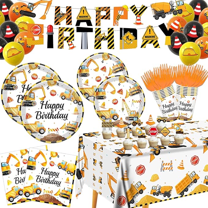 Construction Birthday Party Supplies for 24 Guests - Decorations Include Plates, Napkins, Cups, Tablecloth, Cake Toppers for Boys Construction Theme Birthday Party