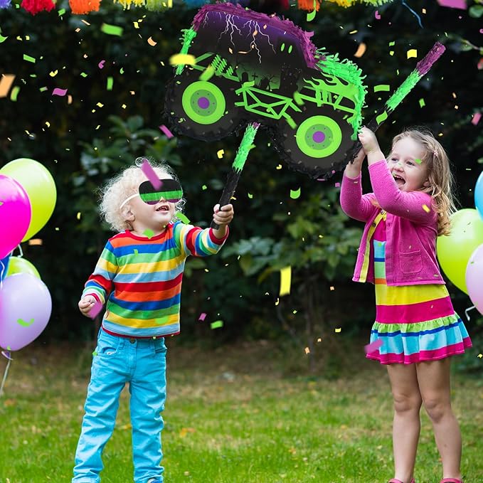 Green and Purple Monster Truck Pinata Car Pinata with Stick and Blindfold for Kids Boys Monster Truck Racing Car Birthday Party Supplies Decorations Carnival Party Favors(15.75*11*2.36 Inch,Small)