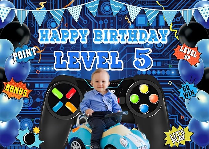 Game Theme Level 5 Birthday Backdrop Video Game Happy 5th Birthday Party Decorations Level Up Theme Boys Kids Birthday Party Supplies(7×5FT)