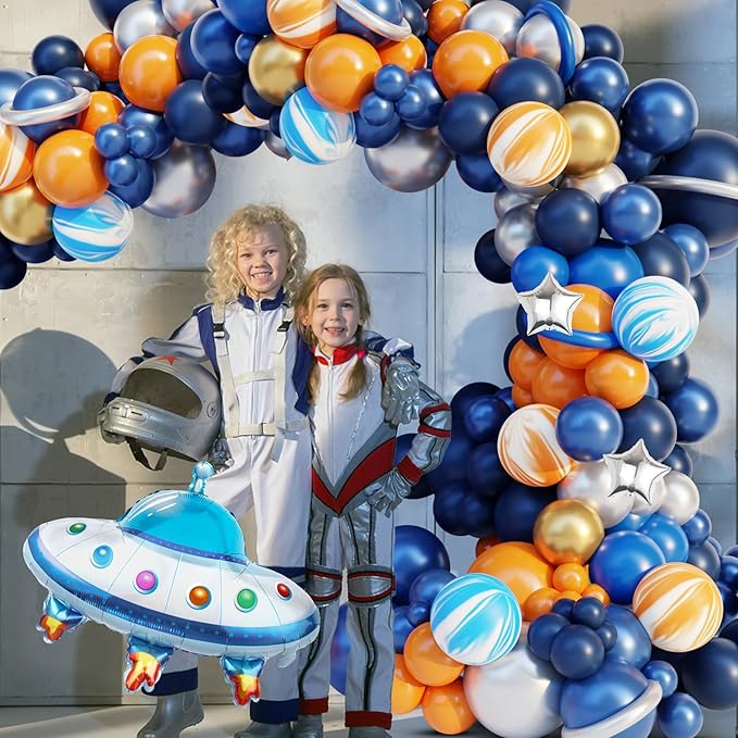 Ouddy Party 142Pcs Outer Space Party Decorations Balloon Garland Kit, Space Birthday Party Supplies UFO Astronaut Themed Navy Blue Silver Foil Latex Balloons for Boys Kids