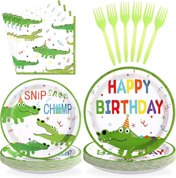 96Pcs Crocodile Birthday Party Supplies Reptile Crocodile Plates and Napkins Green Alligator Animal Theme Tableware Set for Kids Boys Jungle Safari Swamp Birthday Party Supplies，Serves 24