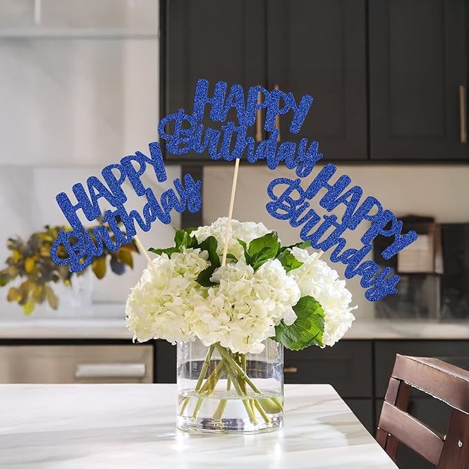 Gyufise 12Pcs Happy Birthday Centerpieces Sticks Double Sided Glitter Birthday Party Decorations Anniversary Table Flower Centerpiece for Celebrating Party Supplies Dark Blue
