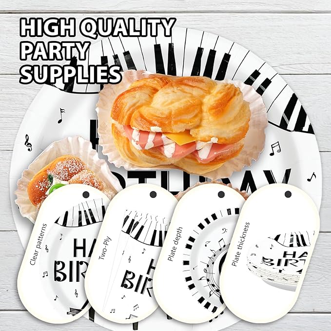 96Pcs Piano Happy Birthday Decoration Piano Music Themed Plates and Napkins Music Notes Keys Piano Disposable Paper Tableware Set for Adults Kids Musicians Birthday Party Supplies Serves 24
