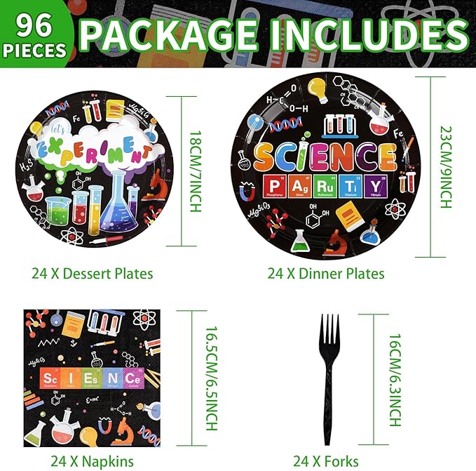 Grencian 96 Pcs Science Party Supplies 350 GSM Science Plates and Napkins Disposable Tableware Set Mad Scientist Dinnerware for Kids Little Scientist Decoration Favors Serves 24