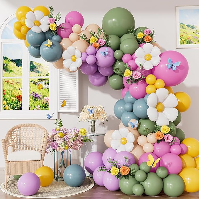 Daisy Balloon Arch Garland Kit, 152 Pcs Pastel WildFlower Balloons Arch Kit in Pink, Green, Purple, Blue, Yellow and Beige for Baby Shower, Spring Daisy Theme Birthday Decorations