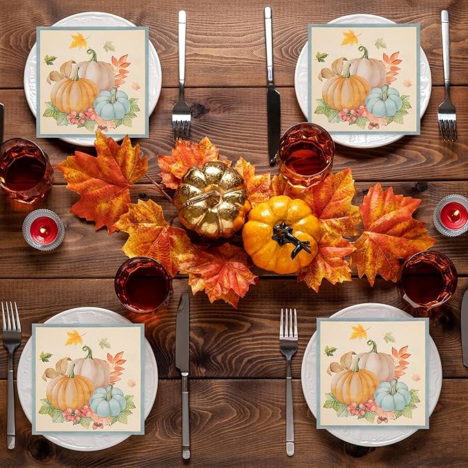 50PCS Fall Pumpkins Paper Napkins - 13 x 13 Inches Maple Leaf Luncheon Napkins Disposable Autumn Theme Decorations for Autumn Harvest Thanksgiving Dinner Party Supplies