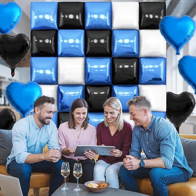 Black Blue White Square Foil Balloon Wall,25Pcs Double Sided Foil Balloons Backdrop Helium Polyester Tunnel Arch Garland Kit for Birthday Bridal Anniversary Baby Shower Party Decorations