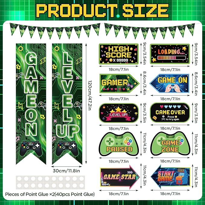 Video Game Birthday Party Decorations Level Up Triangle Flag Banner Photo Booth Props Gamer Birthday Party Supplies with Game Controller High Score Loading Paused Porch Yard Signs for Boys Kids Gaming Theme Party