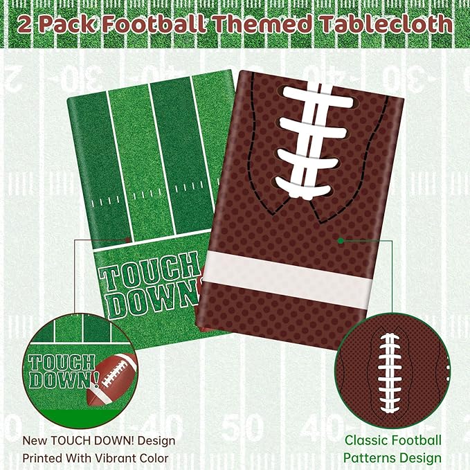 Football Party Decorations - 2 Pack Football Tablecloth Plastic, Disposable TouchDown Table Cover for Football Sport Birthday Party Supplies Favors Gameday Tailgate Table Decor Accessories, 108x54Inch