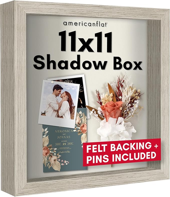 Americanflat 11x11 Shadow Box Frame with Shatter-Resistant Glass - Silhouette Collection - Large Shadow Box Display Case for Tabletop and Wall Display - Driftwood with Soft Felt Back