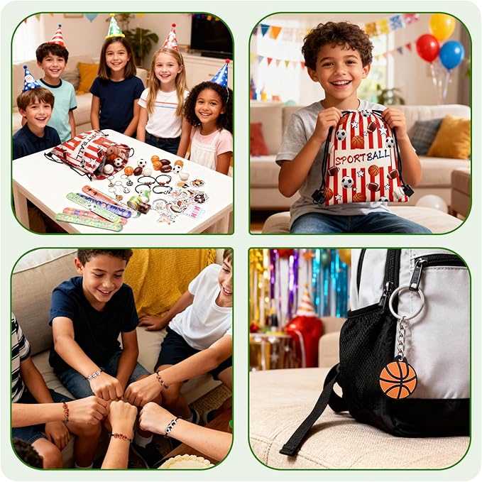 169 Pcs Sportball Party Favors Bulk 48 Pcs Sportball Stress Balls and Sport Stickers 24 Pcs Sport Keychain and Wristbands and Snap Bracelets Drawstring bags for Team Birthday Party Supplies