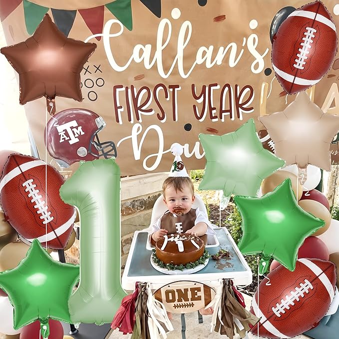 First Year Down Birthday Party Decorations, 8 Pcs 1st Birthday Decorations for Boy with 40" Green One Balloon for First B-day Football Foil Helium Balloons 1st Boy Party Supplies